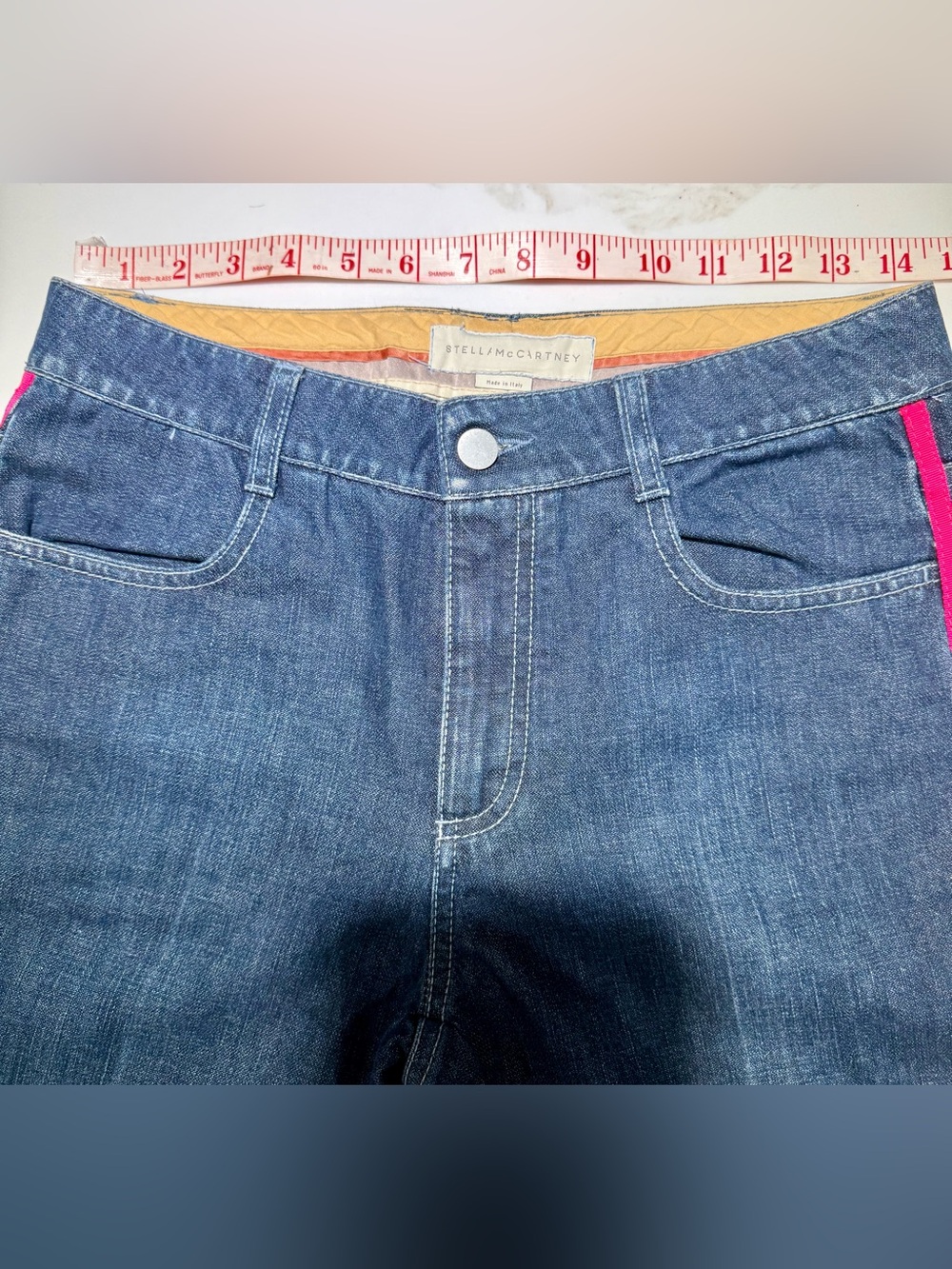 STELLA McCartney Dark Blue Denim Jeans with Pink Ribbon Accent, Size 28 - Picture 7 of 14